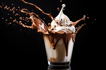 Poster Chocolate milkshake splash on black background © pilipphoto