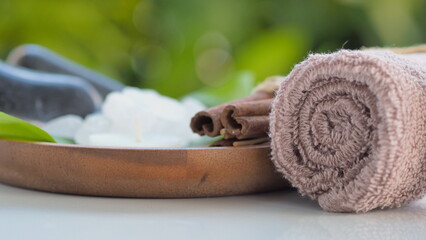 Spa accessories,Beautiful composition of spa , spa relax concept, herbs for massage, beautiful sap...