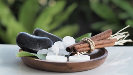 Spa accessories,Beautiful composition of spa , spa relax concept, herbs for massage, beautiful sap...