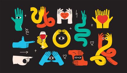 Cartoon hands abstract drawn comic. Set of Hand multicolored different signs and symbols. Drawing style Sticker decals. Retro Y2K. Vector illustration