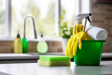 Bucket, brushes, rags, sponges and cleaning products. Modern kitchen interior in the background. House cleaning concept - obrazy, fototapety, plakaty