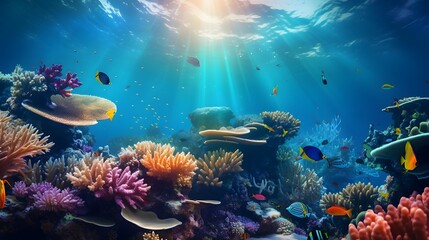 Fototapeta na wymiar Coral reef and fish. Underwater panoramic view.