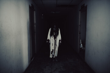 Portrait of asian woman make up ghost,Scary horror scene for background,Halloween festival...