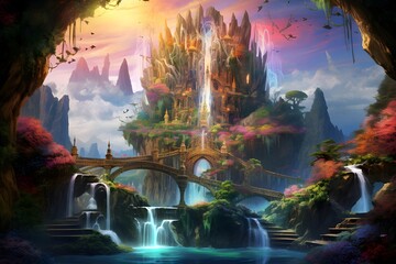 Digital painting of a beautiful waterfall in a tropical garden. Panorama