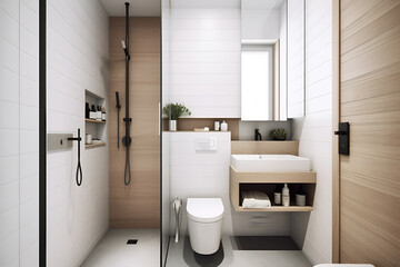 Design a compact minimalist bathroom with a corner shower. Generated AI - obrazy, fototapety, plakaty