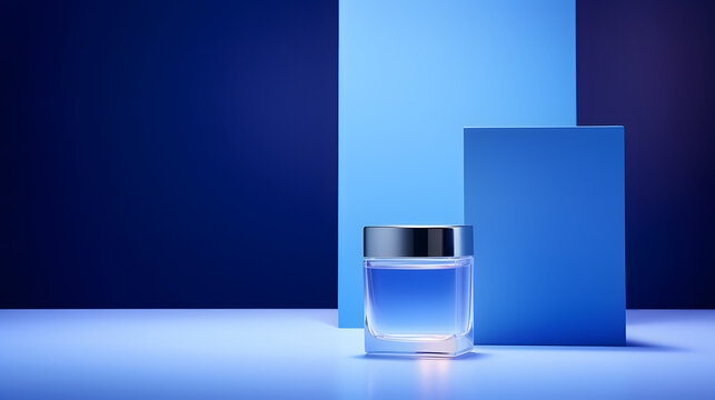 Luxury cream container on a blue background with two blue boxes behind