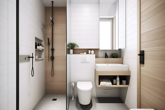 Design a compact minimalist bathroom with a corner shower. Generated AI