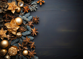 Christmas tree and golden decorations on a black wooden background, top view. Black background for New Year card with free space for text