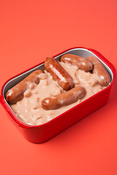 Box containing delicious looking sausages mixed with sauce and mayonnaise on a red background