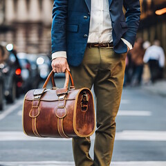 Man holding vintage traveling bag illustration art generative AI.