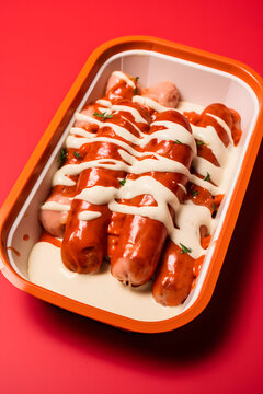 Box containing delicious looking sausages mixed with sauce and mayonnaise on a red background