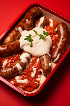 Box containing delicious looking sausages mixed with sauce and mayonnaise on a red background