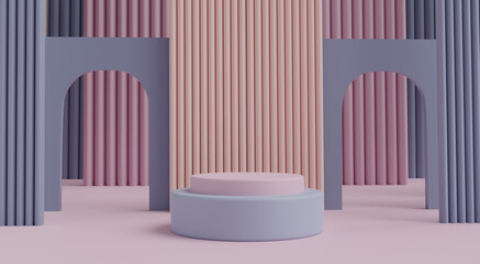Abstract geometry cylinder shape, podium or pedestal pastel color podium, sophisticated pattern background, mockup product cosmetic show, marketing present stage, product display present 3d render.