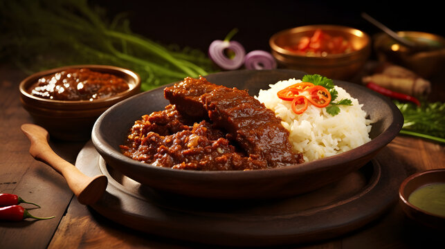 Rendang beef on brown clay plate with rice and lot of spice. Indonesian Padang meat dish.