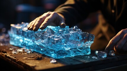 A closeup of business man's hand, carving a detailed ice sculpture, showcasing artistry in frozen form - Powered by Adobe
