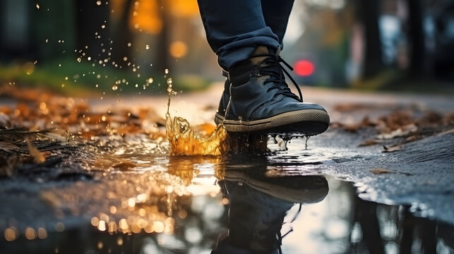 a pair of black shoes stepping on puddles