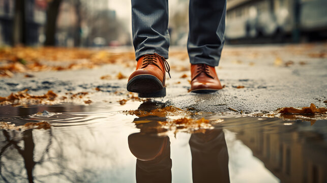 a pair of brown shoes stepping on puddles
