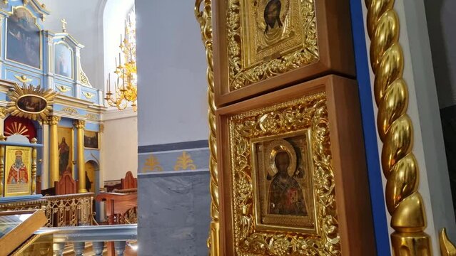 Slow motion footage of the icons in the orthodox church. Religion