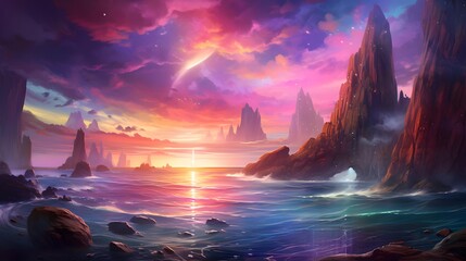 Beautiful fantasy landscape with sea and mountains at sunset. Digital painting