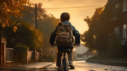 Deurstickers A child boy riding a bicycle goes to school in the morning © Sasint