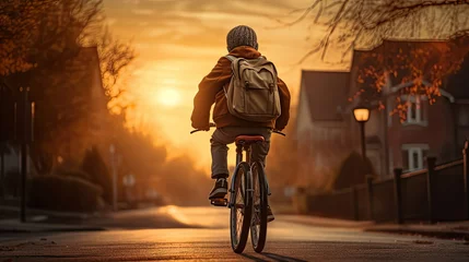 Foto op Canvas A child boy riding a bicycle goes to school in the morning © Sasint