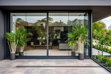 Modern aesthetic glass entrance to a building or villa, sliding glass door. AI generated. - obrazy, fototapety, plakaty