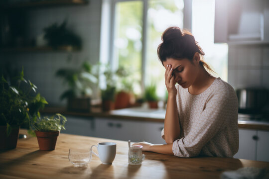 Depressed woman is sitting in the kitchen.