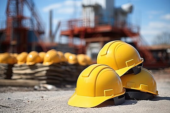 stack of yellow hard hats at a building site (Generative AI)