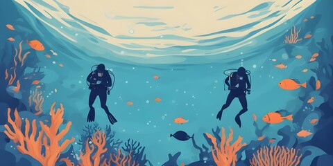 Fototapeta na wymiar diver in the open blue ocean, vector illustration 