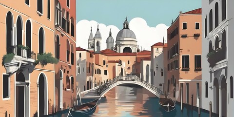 Scenery of the old city. Ancient buildings, Cathedral and a water channel, Vector Illustration 
