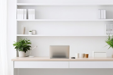 Modern workspace in a bright office. White furniture and computers.