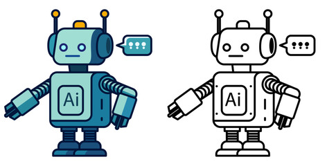 Artificial Intelligence Robot Chatbot Cartoon Character Vector Illustration, AI Robot Chatbot Mascot Character Colored and Black and White Line Art Stock Vector Image