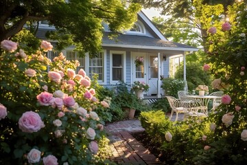 Fototapeta na wymiar Beautiful summer garden with blooming roses in front of a house