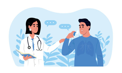 Bronchial asthma. A doctor tells his patient how to use an inhaler during asthma attack. World Asthma Day. Allergy, asthmatic. Inhalation drug. - obrazy, fototapety, plakaty