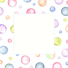 Simple frame design. Circle in soft pastel colors. Creative minimalist style. Splashes, polka dot, bubbles, round doodle spots, brush strokes, stains. Watercolor illustration for greeting, invitation