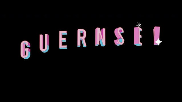 Bright letters jump merrily in the inscription GUERNSEY city. Retro. Alpha channel black. Looped from frame 120 to 240, Alpha BW at the end