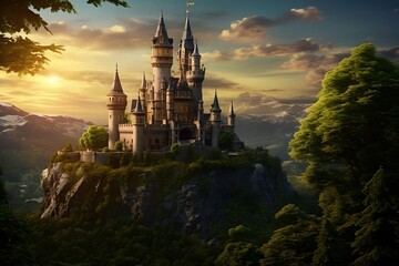 Panoramic view of beautiful castle on the hill in sunset time - obrazy, fototapety, plakaty