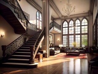 Luxury interior of the living room with a large window.