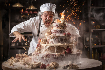 Crazy cheerful pastry chef makes a cake. AI generated.