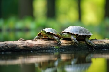 Fototapeta premium two turtles sitting on a log (generative AI)