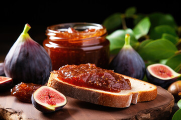 Fig jam on the bread on the rustic wooden table close up