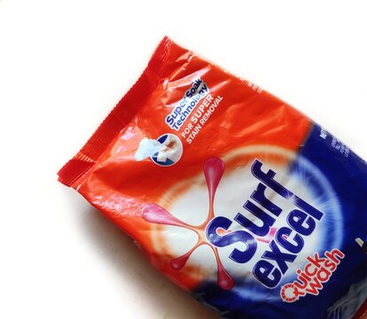 Guwahati, Assam, India - September 30, 2023 : Surf Excel Quick Wash Detergent Powder with Lemon and Bleach to Remove tough stains on clothes.
