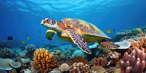 Fensteraufkleber A large sea turtle sitting on a coral reef in the Red Sea. © Sasint