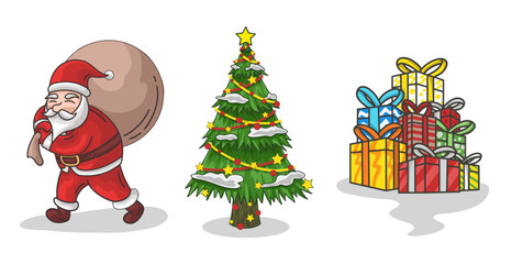 Christmas vector icons Christmas Set Red Santa Rudolf Snowman Tree Gift New Year decoration illustration of Xmas festive Sticker