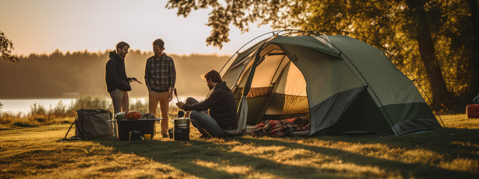 Group of friends with a tent vacationing in nature