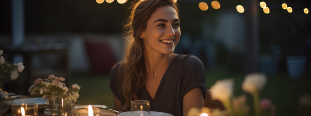 Smiling woman sits at a table during an outdoor evening party in a home's backyard - Powered by Adobe