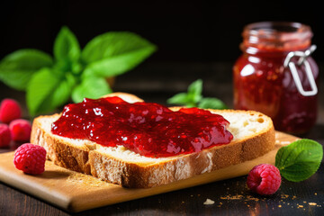 Raspberry jam on the bread on the rustic wooden table close up