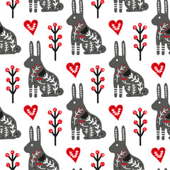 Seamless pattern with Scandinavian hares, berries, hearts.