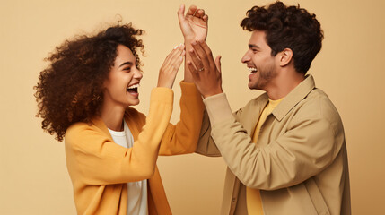 Side view of cheerful boyfriend and girlfriend giving high - five to each other and screaming over beige background. Excited young couple clapping hands and celebrating success - obrazy, fototapety, plakaty
