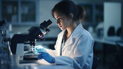 Young female researcher using microscope in scientific laboratory. Scientific research and development concept